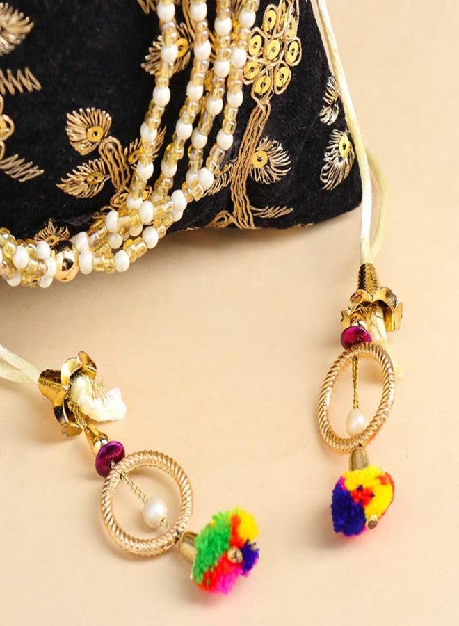 Floweraura Handcrafted Stylish Black Golden Embroidered Pearl Potli Bag for Diwali Gift, Karwa Chauth Gift & Gift for Wife, Sister, Mother, Friends, Colleagues, Girlfriend - Image 4